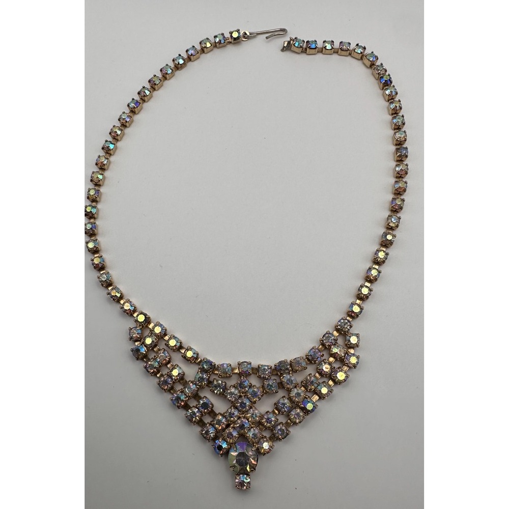 Vintage 1960's gold tone costume cascading necklace Aurora Borealis rhinestones - Picture 4 of 6